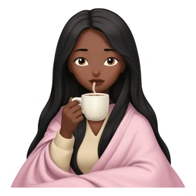 Black long hair lady  with black skin inside a beige and light pink blanket sipping coffe with eyes closed  sticker