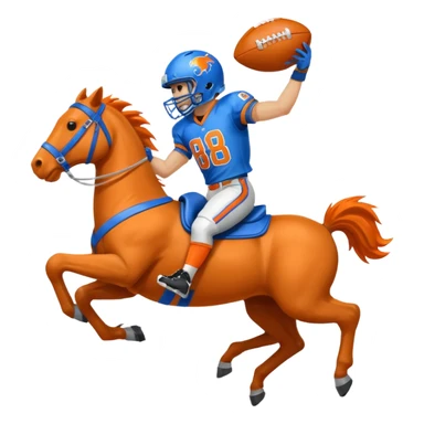 A bucking bronco wearing blue and orange wearing a football helmet with the number 88 sticker
