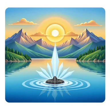 Please generate an image of a sunrise illuminating a lake with a huge water jet like that in the Geneva lake and some mountains in the background. sticker