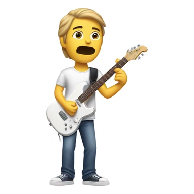White guy holding an electric guitar in 2 pieces, the neck in his left hand, the body in his right, with a confused face sticker