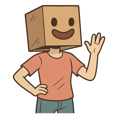 a person with a box on their head, the box has a big adorable smile, fun and whimsical style sticker
