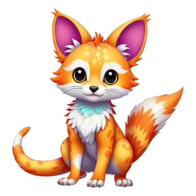 Feral Rare Fantasy vibrant colorful tropical cute, kawaii, cool, ed Vernid-Trico-species by LiLaiRa, random markings, tufted tail, tufted ears, full body, cheek markings sticker
