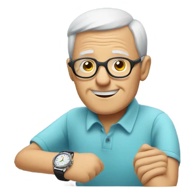 smiling elderly man in glasses looking at his watch sticker