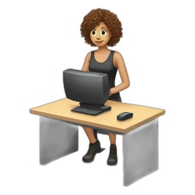 Woman with curly brown hair plays computer tanki sticker
