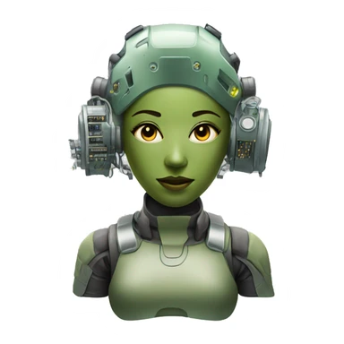 Olive green hair female cyborg head with respirator mask and circuits sticker