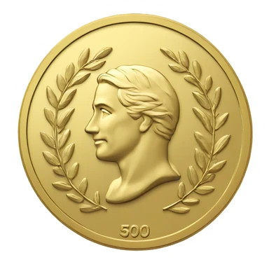 gold coin with large "50" in label in center and laurel sticker