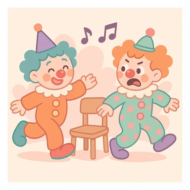 two clowns playing musical chairs, soft colors, cute and whimsical pastel toon style sticker