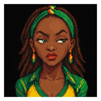 Make the Jamaican woman's side eye expression sassier. The original style is pixel art style, but since pixel art style does not support editing, please keep the look consistent while enhancing the sassiness of the expression. sticker