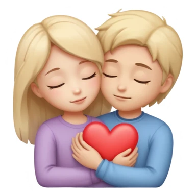 “Two chibi-style lovers hugging gently, eyes closed, small glowing heart between them, soft pastel, romantic emoji, transparent background.” sticker