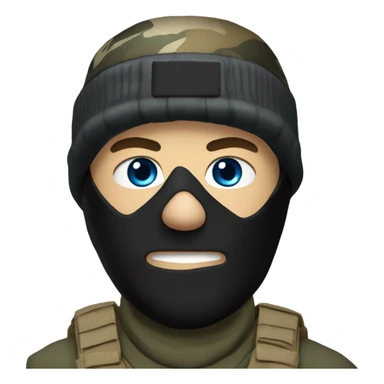 White male, call of duty black mask, camo tactical gear, tan combat boots, black beanie, blue eyes sticker