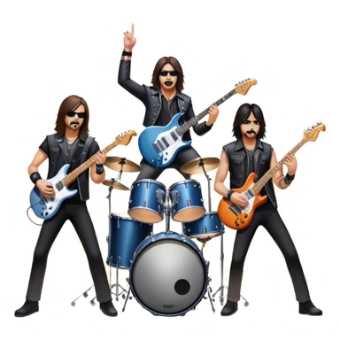 Icon for Heavy Metal Music: 4 men band on stage with electric guitars, drums and intense lighting. 3 guitarists and 1 drummer, surrounded by energy and stage effects, capturing the power and intensity of a metal concert. Transparent background. sticker