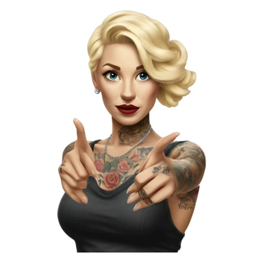 Blonde elegant women, her Body Covered with Tattoos, POINTING YOU with her HAND , Hyper realistic sticker