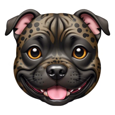 Cinematic Comical Black/Brindle Staffordshire Bull Terrier Portrait Emoji, Head tilted dramatically with an exaggeratedly amused expression, featuring a striking Fur with bold black and brindle patterns, wide, expressive dark eyes filled with playful disbelief, Simplified yet hilariously expressive features, highly detailed, glowing with a slightly sassy glow, high shine, dramatic yet playful, stylized with an air of cheeky mischief, bright and endearing, soft glowing outline, capturing the essence of a spirited and over-the-top guardian, so meme-worthy it feels like it could side-eye its way into internet fame instantly! sticker