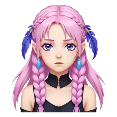 Gorgeous anime lady long-pale-pastel-pink-hair with one braid on each side, grumpy expression, purple-pink feather-ear-cuffs in hair, black bodysuit, blue eyes, pink iris, ethereal, fashion aesthetic  sticker