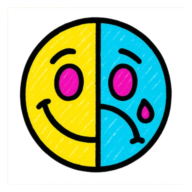split-faced emoji, one side happy and yellow, the other side sad and blue, vibrant colors sticker