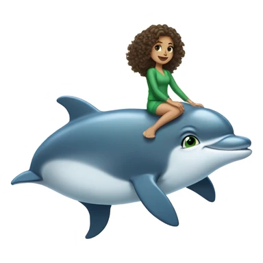 Short brunette girl who’s college aged, curly hair, green eyes, riding a dolphin  sticker