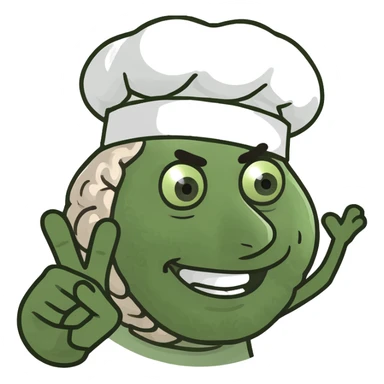 cartoon brain wearing a chef hat, doing the Italian hand sign, over-the-top silly expression, meme style sticker