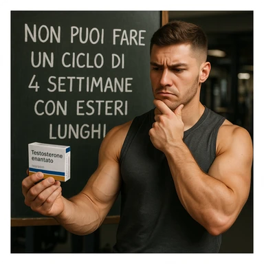 realistic young muscular bodybuilder in sportswear holding a box labeled 'Testosterone enantato', doubtful expression, standing in front of a blackboard with Italian text 'Non puoi fare un ciclo di 4 settimane con esteri lunghi', explanatory atmosphere, gym background, 4K quality sticker