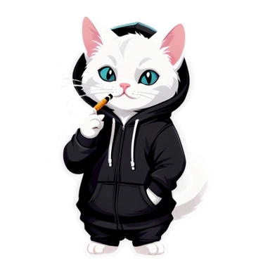 White cat smoking with a black hoodie  sticker