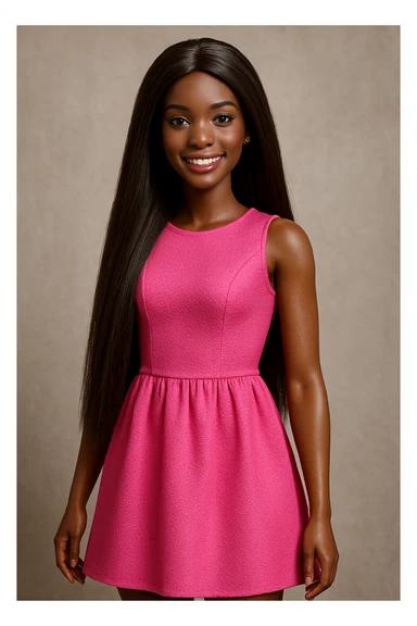 Barbie doll with dark skin and long straight hair, pink dress, smiling, standing pose sticker