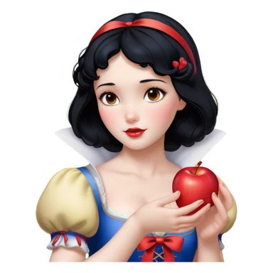 Cinematic Realistic Snow White Portrait, depicted with lifelike skin texture, soft natural lighting, and intricately detailed black hair styled with a red ribbon. Her soft brown eyes radiate innocence and kindness, complemented by a warm, gentle smile. She holds an apple in one hand, her other hand resting against her cheek, embodying her purity and charm. She is dressed in her classic yellow, blue, and red gown, the fabric rich in texture with delicate folds that catch the light beautifully. The portrait features a soft, natural glow with a radiant finish, capturing the essence of timeless beauty in a realistic and painterly style. sticker