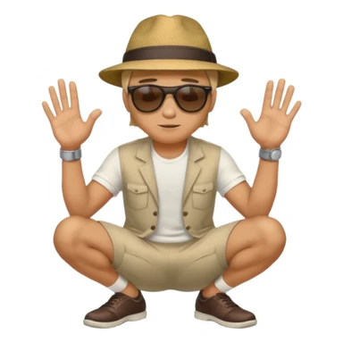 A man squatting down and holdig his hand flat a bit above the ground sticker