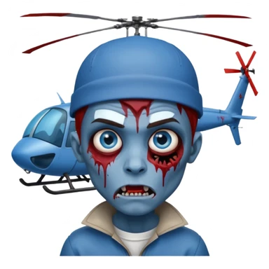 Zombie boy, with a blue face, blue eyes, brown hair and eyebrows, a sticking out fang, a bloody scratch on his face and a helicopter cap sticker