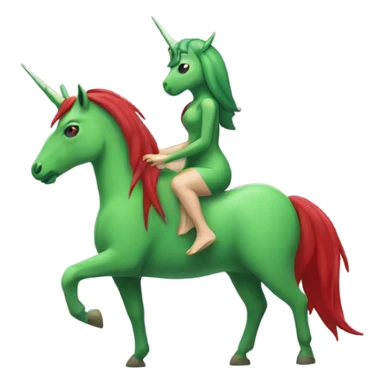 four-legged green unicorn white. a red amazon alien woman, on a unicorn sticker