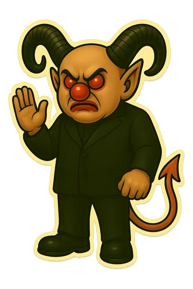 Evil clown wizard in retro sticker style, transparent background, wearing an all black suit with no pentagrams, using the face, horns, and tail from the reference image. He has a frown and never smiles. Pose: one hand raised, other hand clenched, clean modern sticker look. sticker
