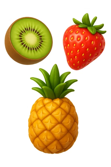 emoji stile iphone 3d di kiwi, fragole, ananas
 che fluttuano in aria, iperealistico 4k sticker