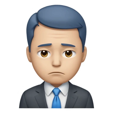 emoji character wearing a dark grey suit, white shirt, and blue tie. face has a very sad, disappointed expression with drooping eyebrows and half-closed eyes His posture is dejected, with slumped shoulders. he just rejected from his interview to get a job sticker