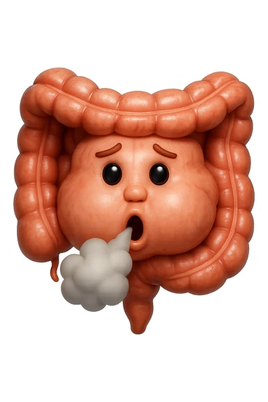 emoji stile iphone di un intestino che ingoia una nuvoletta di aria ben visibile e gli si gonfia la pancia, non fargli il naso, iperrealistico 4k sticker
