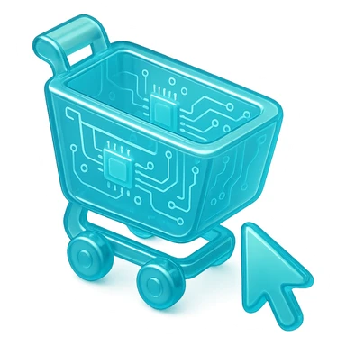 Flat icon of a shopping cart with a digital cursor, cyan blue sticker