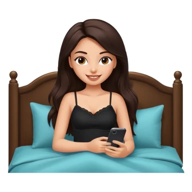 generate a pretty fair bratz girl with long dark brown hair using her phone in bed, smiling . Wearing a black cami sticker