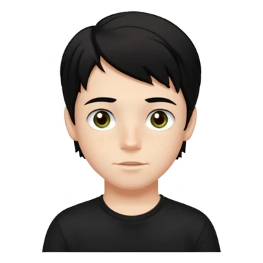 A boy with dark black hair and hazel green and brown eyes and white skin , with freckles and black t shirt with middle part hair hair with a center part sticker
