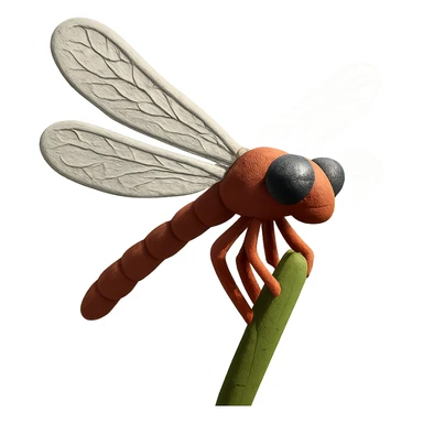 claymation style close-up of a dragonfly on a reed, detailed wings, gentle background sticker