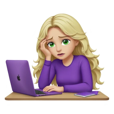 lady with long wavy blonde hair, purple top, green eyes, elbow on desk with hand on face, with a purple mac laptop tears rolling down her face as poorly sticker