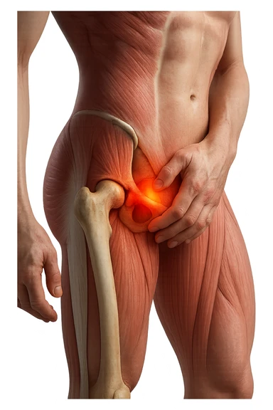 CORPO UMANO ANATOMICO REALISTICO CHE SI TOCCA L'ANCA INFIAMMATA, DOLORE ALL'ANCA, IPERREALISTICO 4K sticker