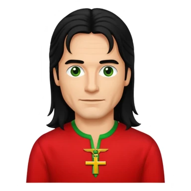 Robert Pilatus, German Singer (1964-1998) with tan skin, long black hair, green eyes, red outfit sticker
