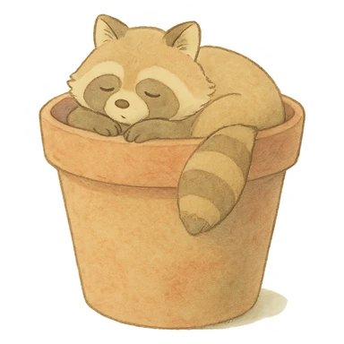 sleepy raccoon inside a flower pot, pastel earthy colors, soft Ghibli style sticker