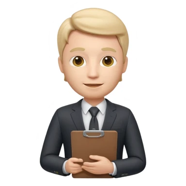 Apple Memoji-style 3D emoji of a manager character in a suit holding a clipboard, soft shading, rounded shapes, clean gradients, no background.
 sticker