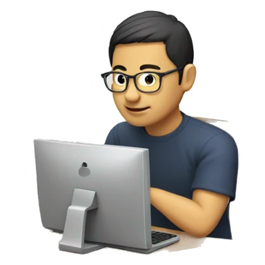 Make an image of an asian spectacle guy using his computer to do coding sticker