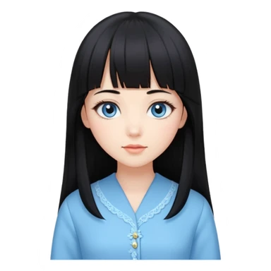 Uma mulher, pele branca, cabelos longos liso preto, franja estilo hime cute, olhos no tom azul celeste, estilo amendoados, cílios delicados longos, usando roupas elegantes sticker