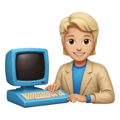 White and black 80s computer with face sticker