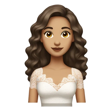 Adult woman with brown eyes, light tanned skin, long wavy dark brown hair, wearing a white lace dress sticker