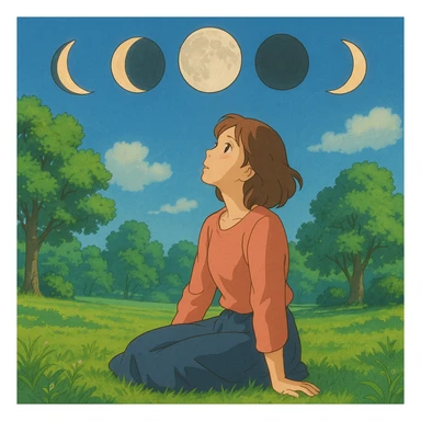 ghibli style illustration of a woman sitting on the grass in a park, looking up, surrounded by the moons of the 4 phases sticker