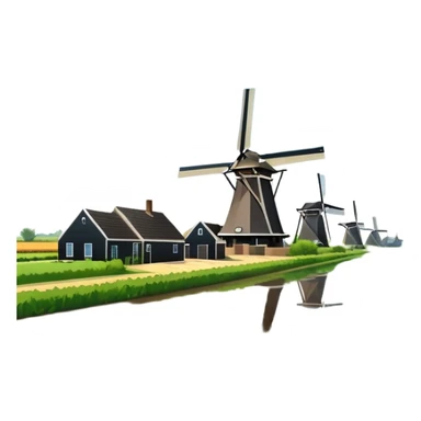 cinematic-realistic-kinderdijk-windmills-landmark-emoji,-showcasing-traditional-dutch-windmills-aligned-along-a-tranquil-canal,-with-lush-green-fields in a picture frame sticker