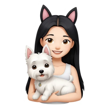 A asain girl with long black hair. She is wearing a white crop top. The girl is smiling and hugging a west highland terrier with big ears  sticker