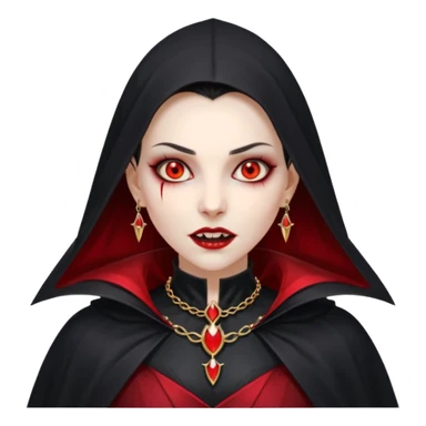 vampire village woman portrait, head and shoulders only, dark gothic cloak collar, sharp fangs, red glowing eyes, elegant yet eerie expression, subtle jewelry, 3D cartoon, mobile game icon style, clean background, no text, no watermark sticker