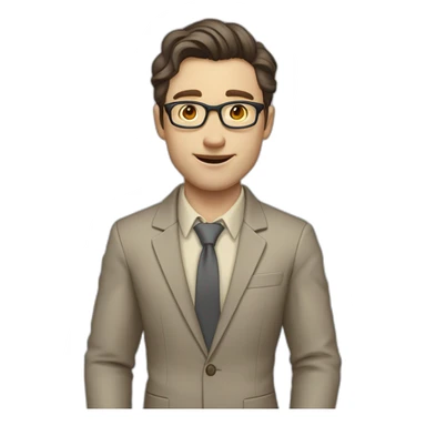 Full height Actively Gesturing Pale skinned fit man with dark brown hair in gray jacket, beige office shirt, brown tie, brown pants and vintage glasses. sticker